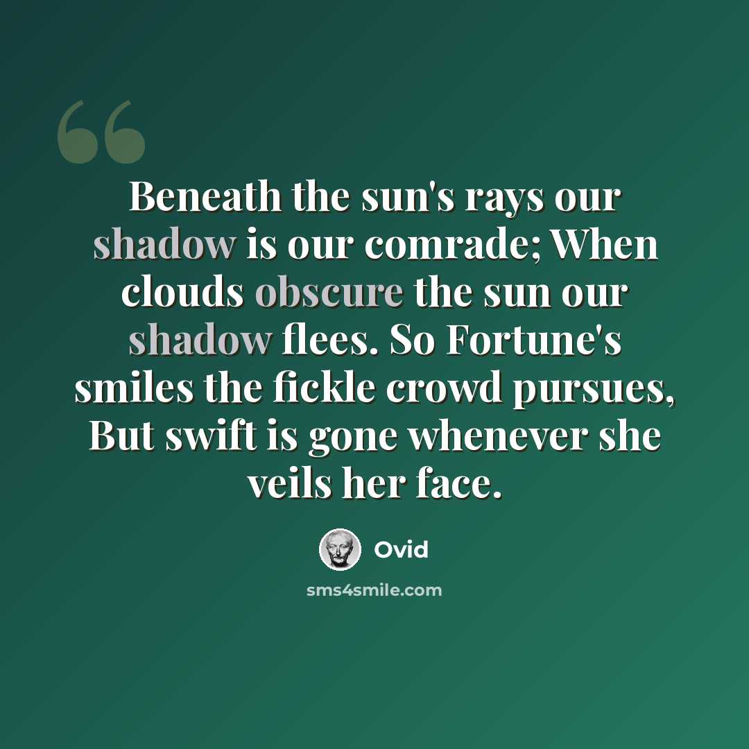 “Beneath the sun's rays our shadow is our comrade; When clouds obscure the sun our shadow flees. So Fortune's smiles the fickle crowd pursues, But swift is gone whenever she veils her face.” quote by Ovid