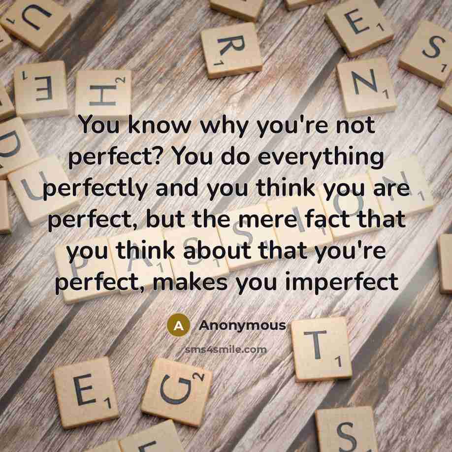 “You know why you're not perfect? You do everything perfectly and you think you are perfect, but the mere fact that you think about that you're perfect, makes you imperfect” quote by Anonymous