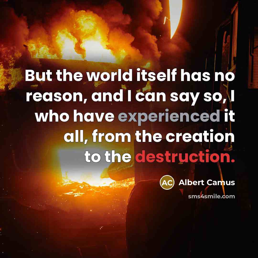 “But the world itself has no reason, and I can say so, I who have experienced it all, from the creation to the destruction.” quote by Albert Camus