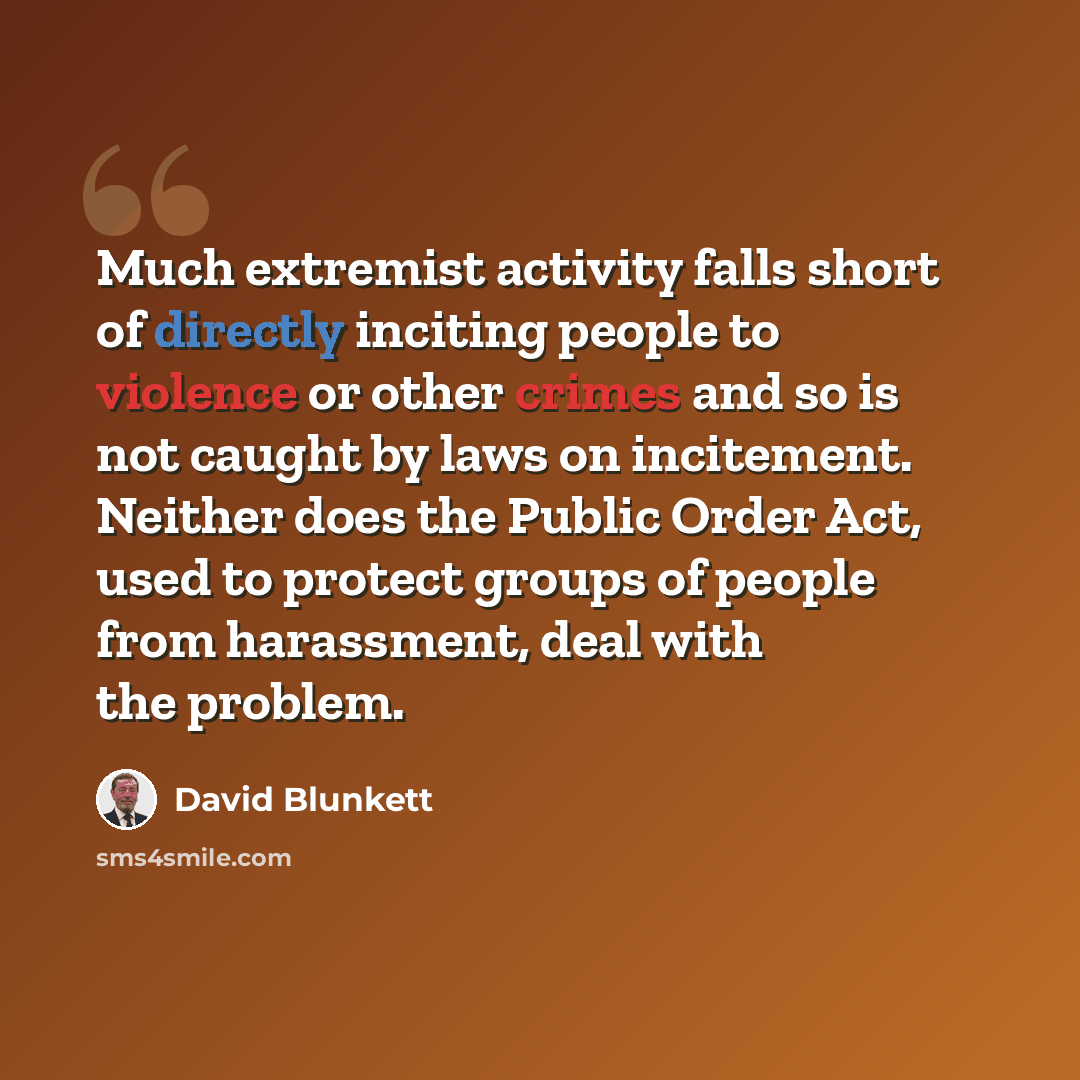 “Much extremist activity falls short of directly inciting people to violence or other crimes and so is not caught by laws on incitement. Neither does the Public Order Act, used to protect groups of people from harassment, deal with the problem.” quote by David Blunkett