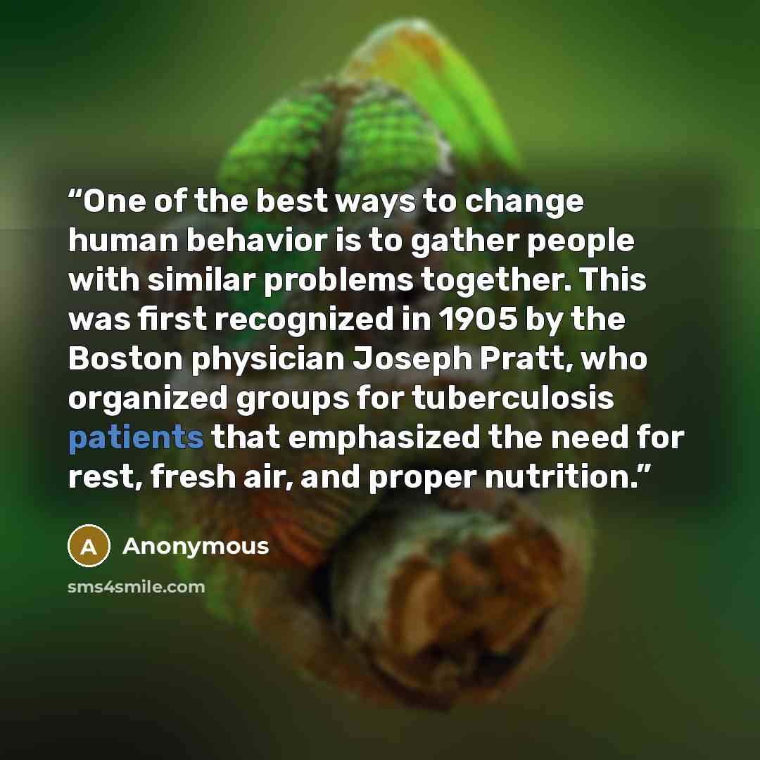 “One of the best ways to change human behavior is to gather people with similar problems together. This was first recognized in 1905 by the Boston physician Joseph Pratt, who organized groups for tuberculosis patients that emphasized the need for rest, fresh air, and proper nutrition.” quote by Anonymous