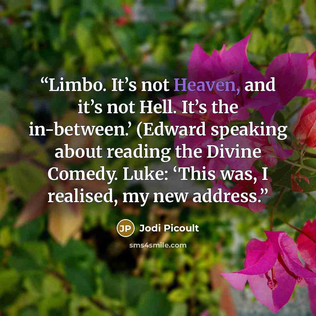 “Limbo. It’s not Heaven, and it’s not Hell. It’s the in-between.’ (Edward speaking about reading the Divine Comedy. Luke: ‘This was, I realised, my new address.” quote by Jodi Picoult
