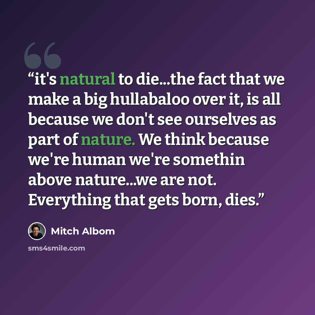 “it's natural to die...the fact that we make a big hullabaloo over it, is all because we don't see ourselves as part of nature. We think because we're human we're somethin above nature...we are not. Everything that gets born, dies.” quote by Mitch Albom