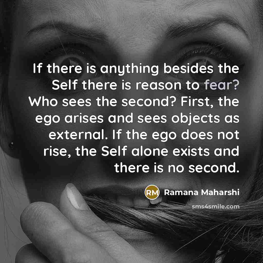 “If there is anything besides the Self there is reason to fear? Who sees the second? First, the ego arises and sees objects as external. If the ego does not rise, the Self alone exists and there is no second.” quote by Ramana Maharshi