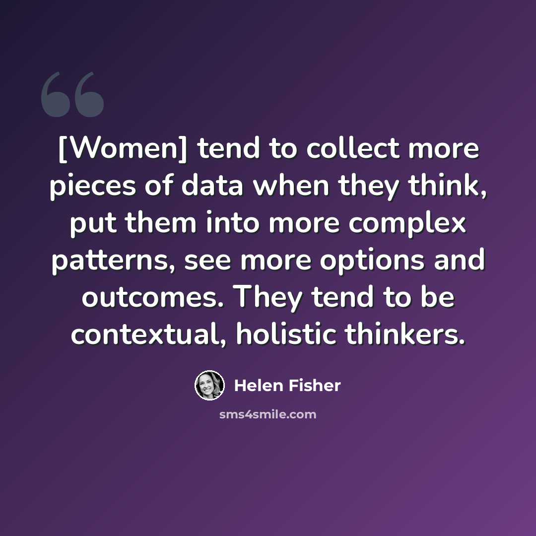 “[Women] tend to collect more pieces of data when they think, put them into more complex patterns, see more options and outcomes. They tend to be contextual, holistic thinkers.” quote by Helen Fisher