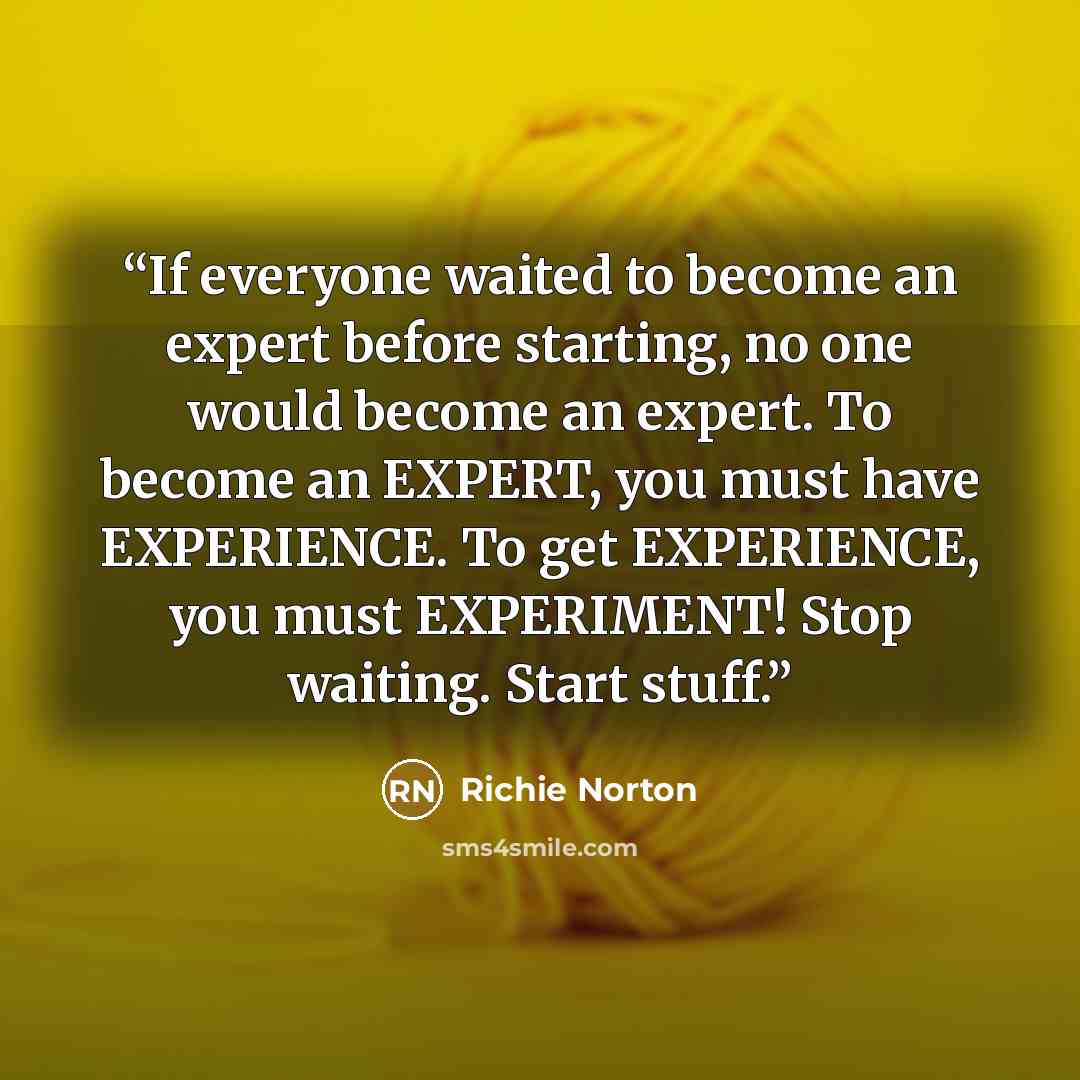 “If everyone waited to become an expert before starting, no one would become an expert. To become an EXPERT, you must have EXPERIENCE. To get EXPERIENCE, you must EXPERIMENT! Stop waiting. Start stuff.” quote by Richie Norton