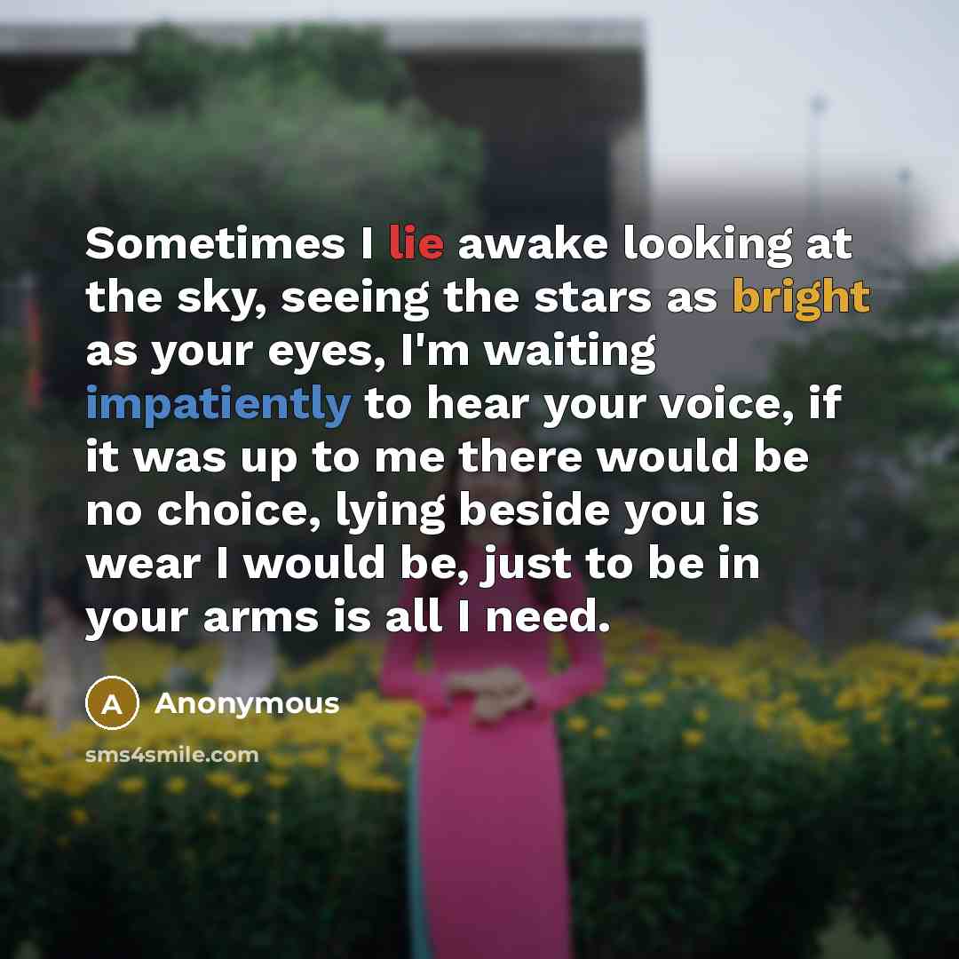 “Sometimes I lie awake looking at the sky, seeing the stars as bright as your eyes, I'm waiting impatiently to hear your voice, if it was up to me there would be no choice, lying beside you is wear I would be, just to be in your arms is all I need.” quote by Anonymous