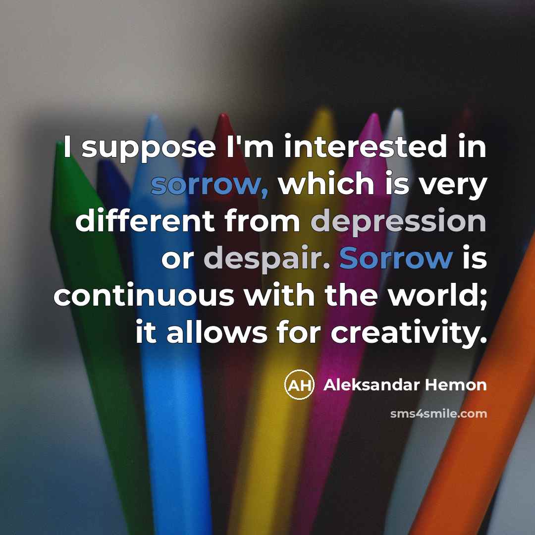 “I suppose I'm interested in sorrow, which is very different from depression or despair. Sorrow is continuous with the world; it allows for creativity.” quote by Aleksandar Hemon
