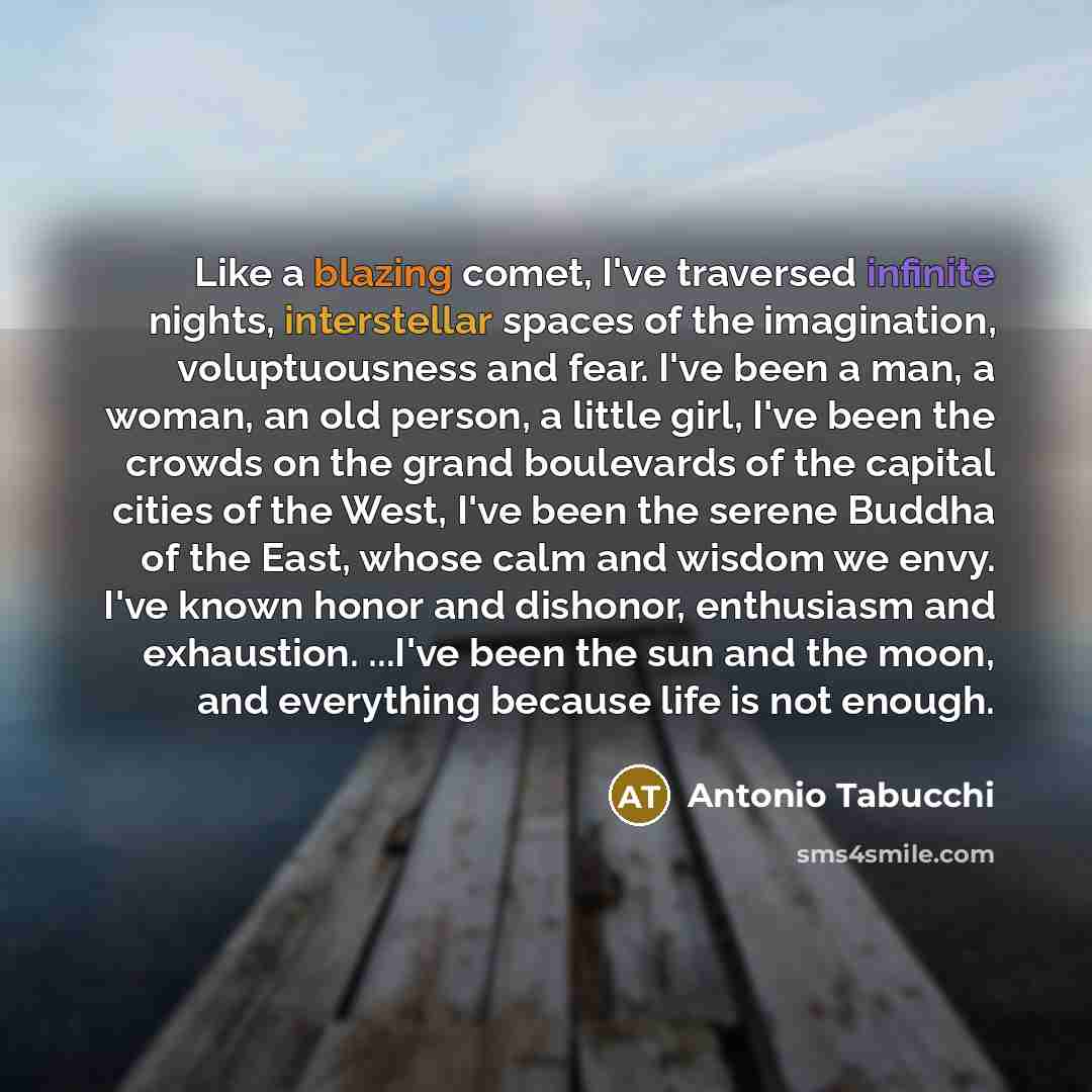 “Like a blazing comet, I've traversed infinite nights, interstellar spaces of the imagination, voluptuousness and fear. I've been a man, a woman, an old person, a little girl, I've been the crowds on the grand boulevards of the capital cities of the West, I've been the serene Buddha of the East…” quote by Antonio Tabucchi