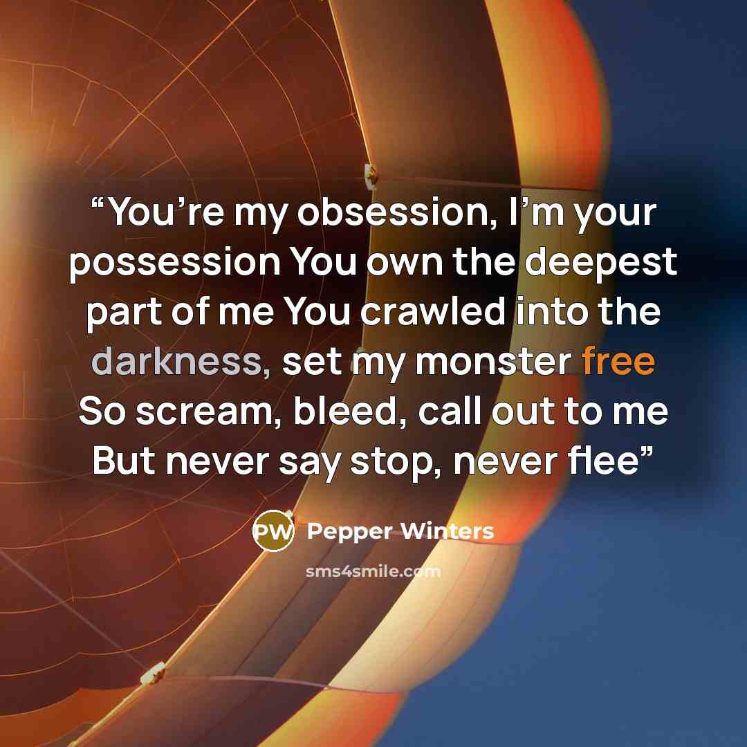“You’re my obsession, I’m your possession You own the deepest part of me You crawled into the darkness, set my monster free So scream, bleed, call out to me But never say stop, never flee” quote by Pepper Winters