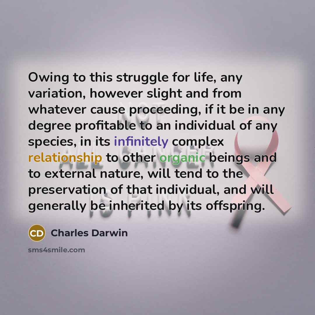 “Owing to this struggle for life, any variation, however slight and from whatever cause proceeding, if it be in any degree profitable to an individual of any species, in its infinitely complex relationship to other organic beings and to external nature, will tend to the preservation of that…” quote by Charles Darwin