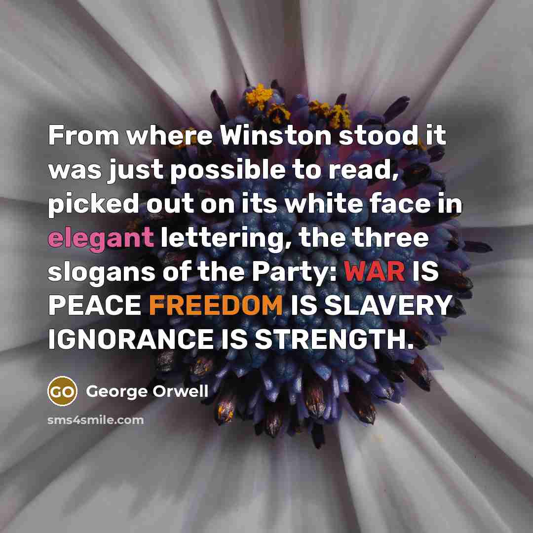 “From where Winston stood it was just possible to read, picked out on its white face in elegant lettering, the three slogans of the Party: WAR IS PEACE FREEDOM IS SLAVERY IGNORANCE IS STRENGTH.” quote by George Orwell