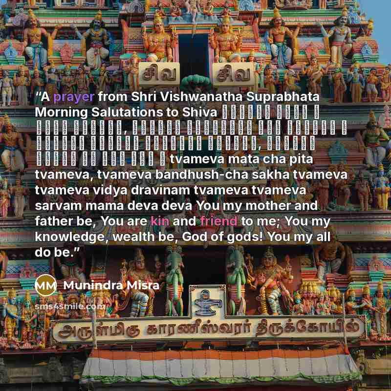 “A prayer from Shri Vishwanatha Suprabhata Morning Salutations to Shiva त्वमेव माता च पिता त्वमेव, त्वमेव बन्धुश्च सखा त्वमेव । त्वमेव विद्या द्रविणं त्वमेव, त्वमेव सर्वं मम देव देव ॥ tvameva mata cha pita tvameva, tvameva bandhush-cha sakha tvameva tvameva vidya dravinam tvameva tvameva sarvam…” quote by Munindra Misra