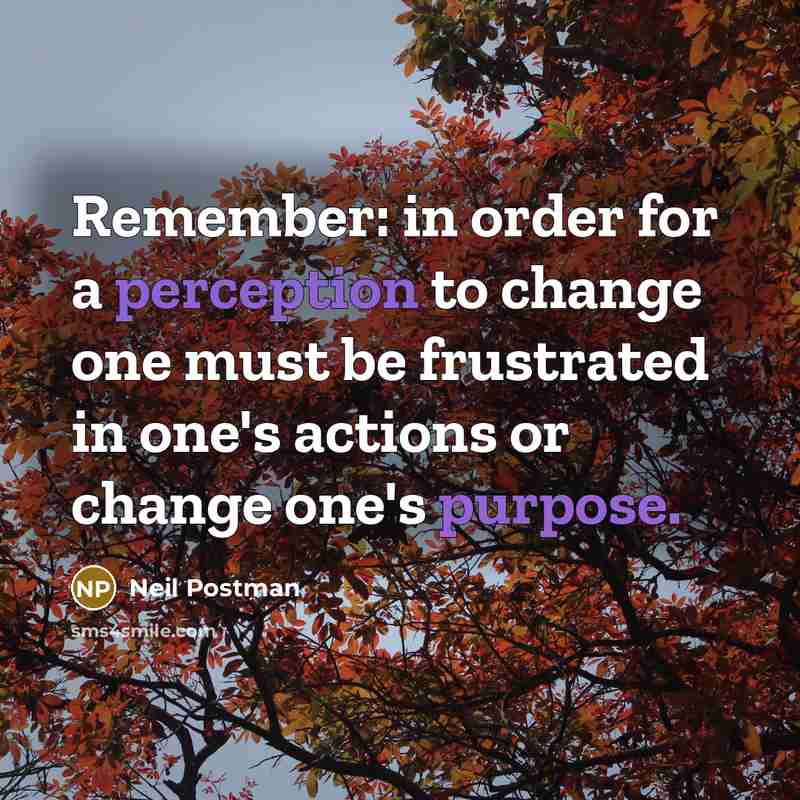 “Remember: in order for a perception to change one must be frustrated in one's actions or change one's purpose.” quote by Neil Postman