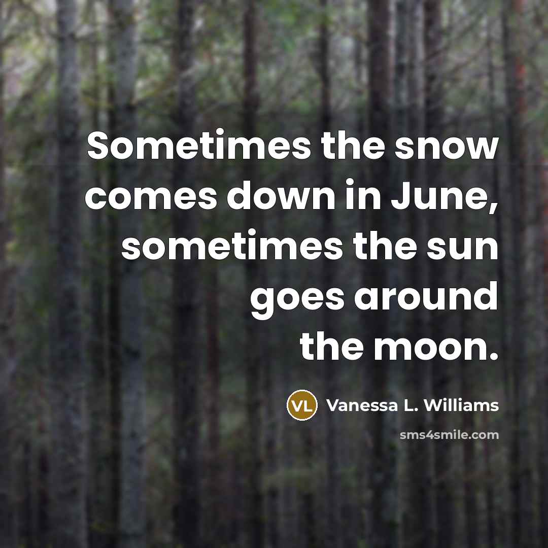 “Sometimes the snow comes down in June, sometimes the sun goes around the moon.” quote by Vanessa L. Williams