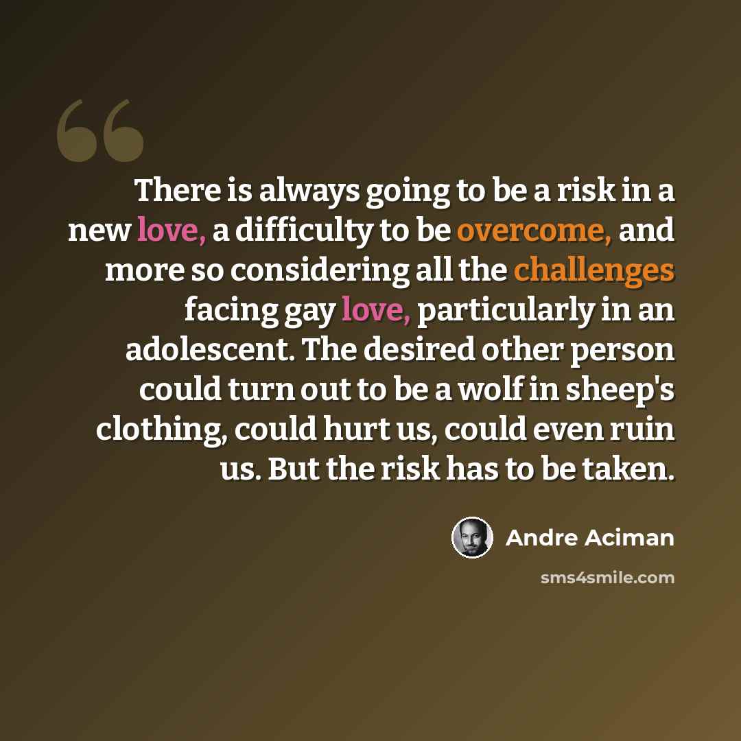 “There is always going to be a risk in a new love, a difficulty to be overcome, and more so considering all the challenges facing gay love, particularly in an adolescent. The desired other person could turn out to be a wolf in sheep's clothing, could hurt us, could even ruin us. But the risk has to…” quote by André Aciman