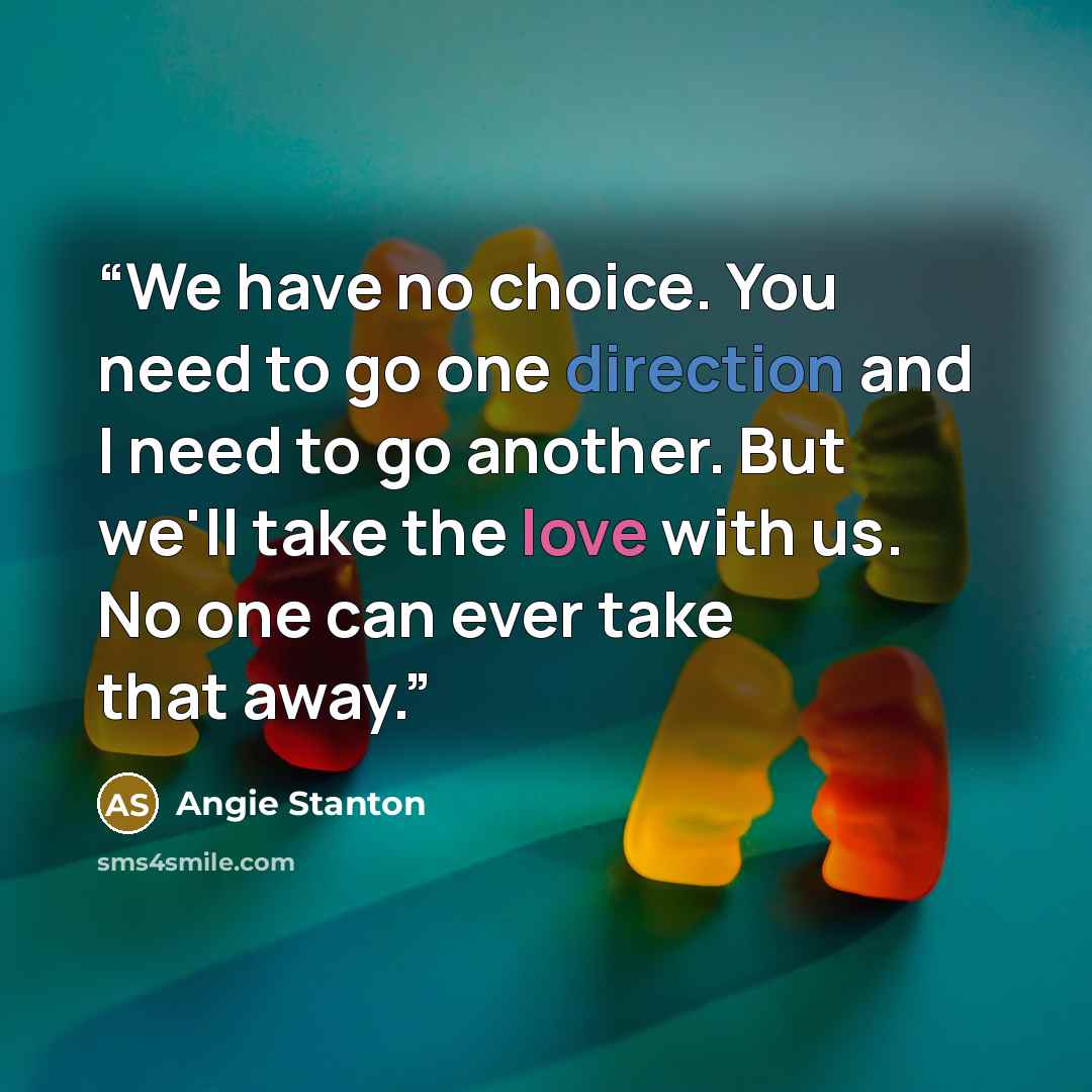 “We have no choice. You need to go one direction and I need to go another. But we'll take the love with us. No one can ever take that away.” quote by Angie Stanton