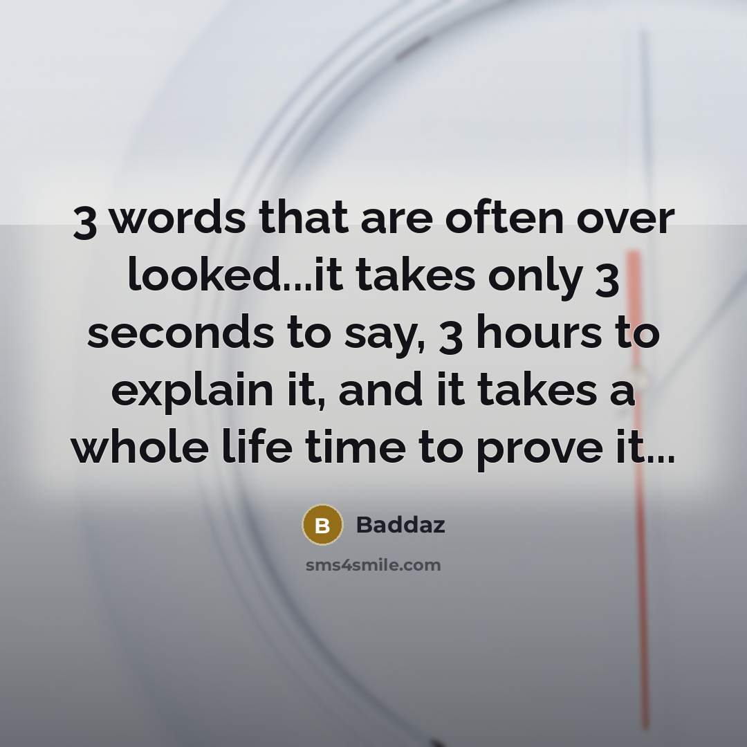 “3 words that are often over looked...it takes only 3 seconds to say, 3 hours to explain it, and it takes a whole life time to prove it...” quote by Baddaz