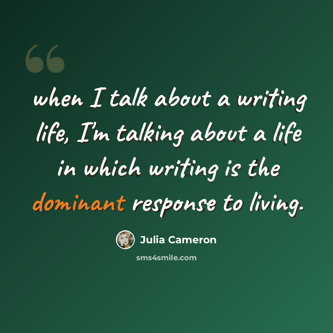 “when I talk about a writing life, I'm talking about a life in which writing is the dominant response to living.” quote by Julia Cameron