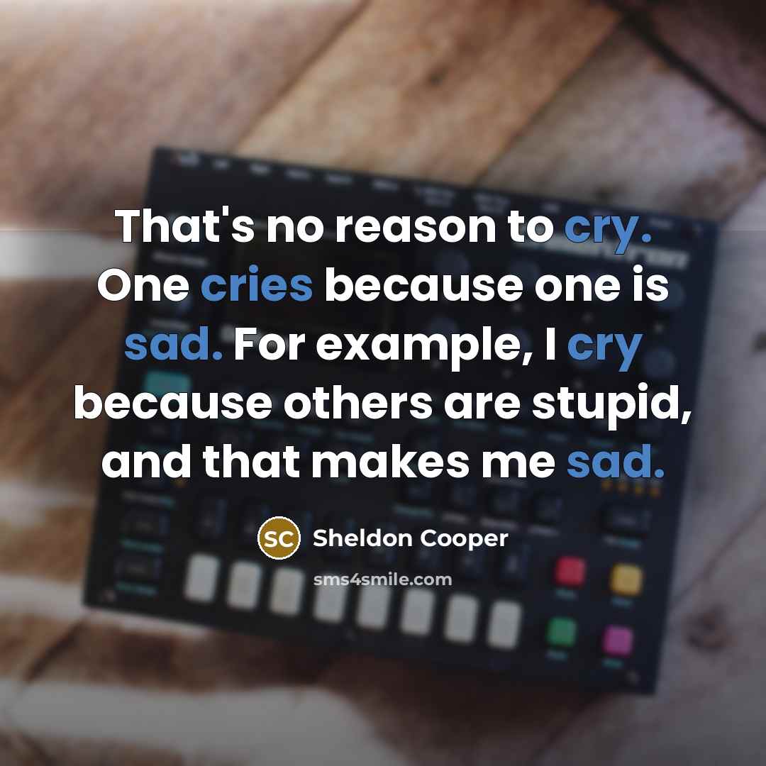“That's no reason to cry. One cries because one is sad. For example, I cry because others are stupid, and that makes me sad.” quote by Sheldon Cooper