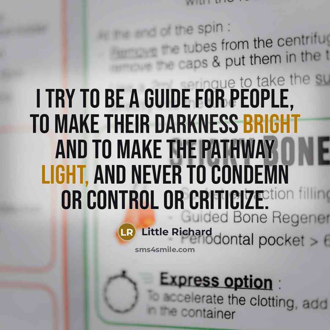“I try to be a guide for people, to make their darkness bright and to make the pathway light, and never to condemn or control or criticize.” quote by Little Richard