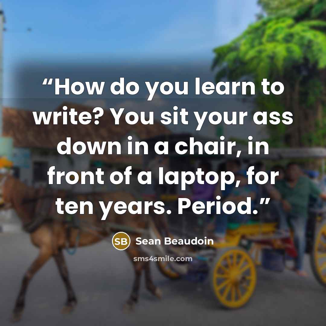 “How do you learn to write? You sit your ass down in a chair, in front of a laptop, for ten years. Period.” quote by Sean Beaudoin
