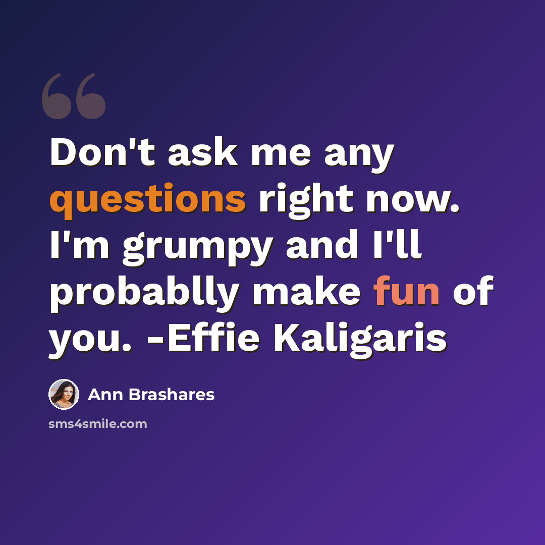 “Don't ask me any questions right now. I'm grumpy and I'll probablly make fun of you. -Effie Kaligaris” quote by Ann Brashares