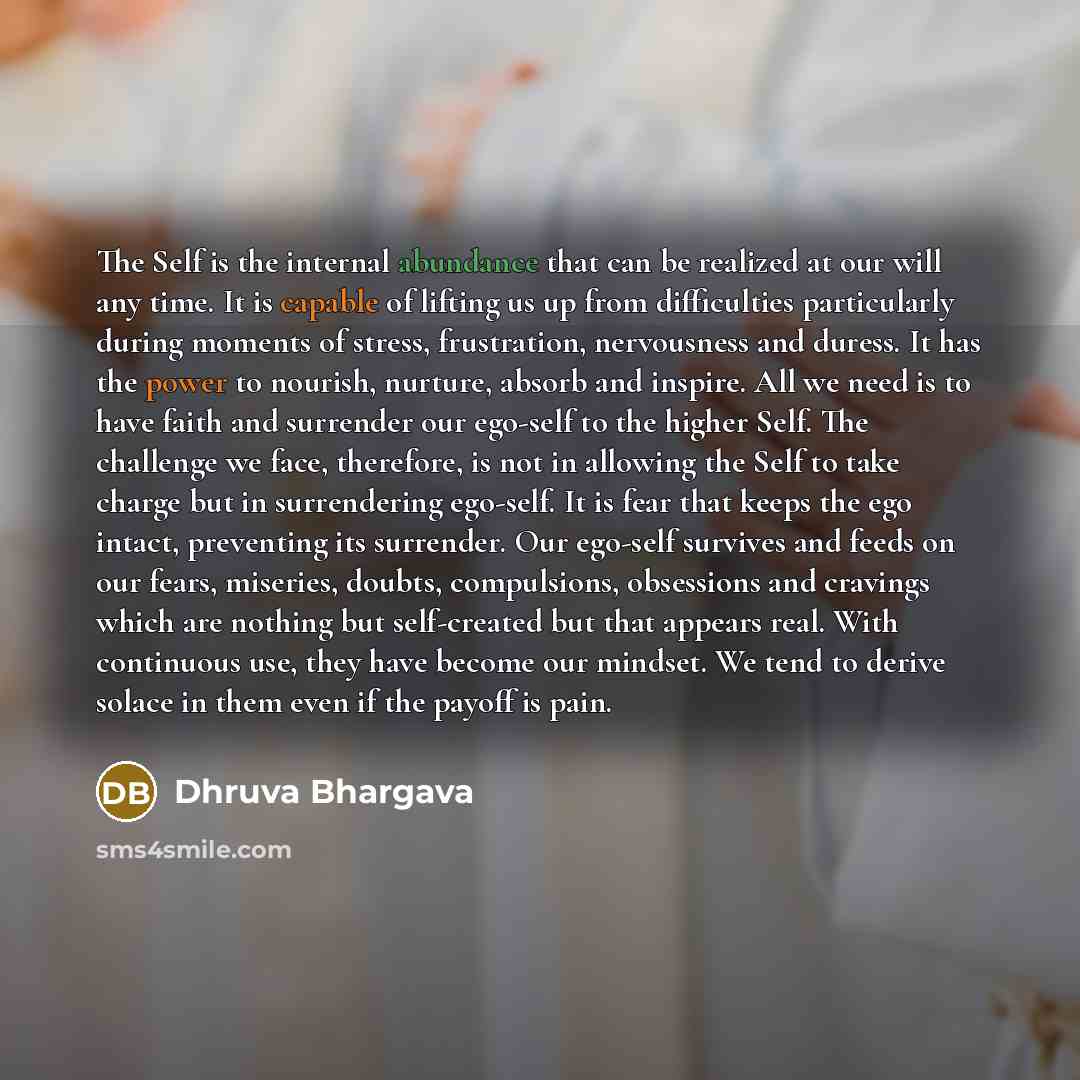 “The Self is the internal abundance that can be realized at our will any time. It is capable of lifting us up from difficulties particularly during moments of stress, frustration, nervousness and duress. It has the power to nourish, nurture, absorb and inspire. All we need is to have faith and…” quote by Dhruva Bhargava