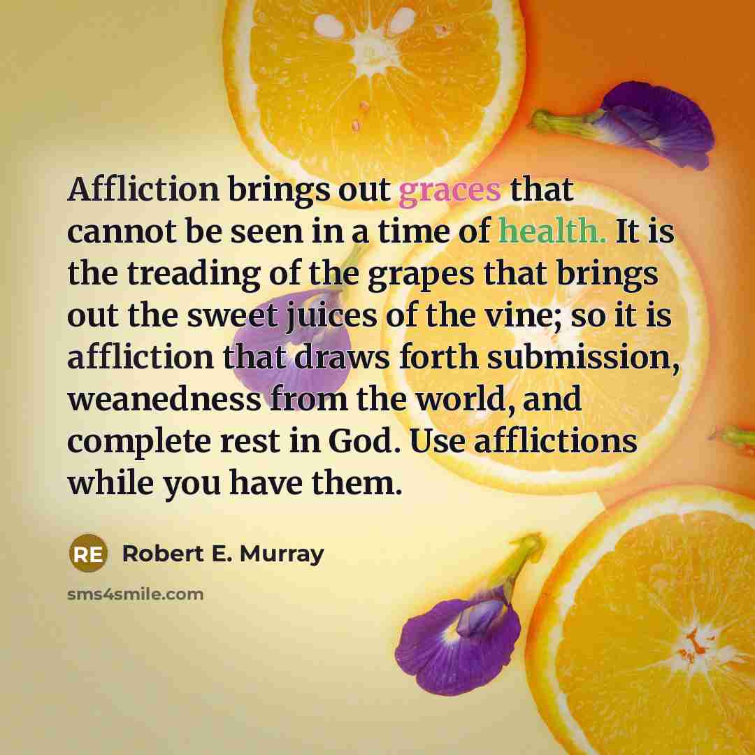 “Affliction brings out graces that cannot be seen in a time of health. It is the treading of the grapes that brings out the sweet juices of the vine; so it is affliction that draws forth submission, weanedness from the world, and complete rest in God. Use afflictions while you have them.” quote by Robert E. Murray