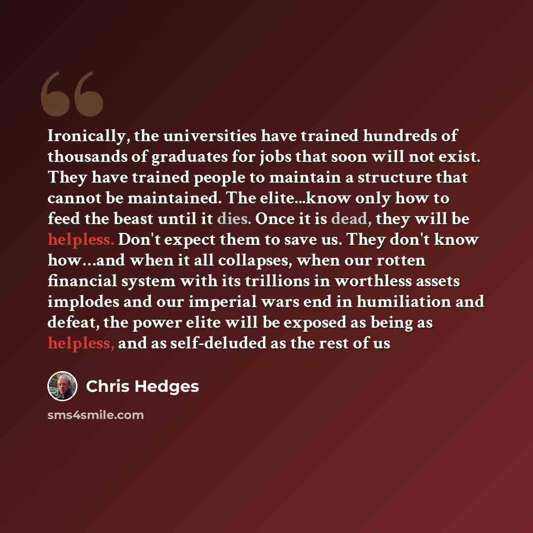 “Ironically, the universities have trained hundreds of thousands of graduates for jobs that soon will not exist. They have trained people to maintain a structure that cannot be maintained. The elite...know only how to feed the beast until it dies. Once it is dead, they will be helpless. Don't…” quote by Chris Hedges