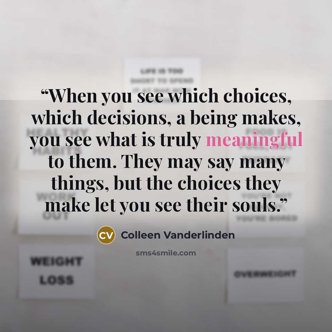 “When you see which choices, which decisions, a being makes, you see what is truly meaningful to them. They may say many things, but the choices they make let you see their souls.” quote by Colleen Vanderlinden