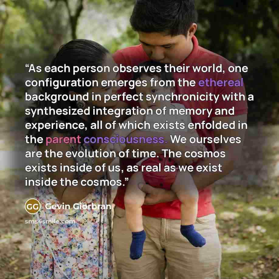 “As each person observes their world, one configuration emerges from the ethereal background in perfect synchronicity with a synthesized integration of memory and experience, all of which exists enfolded in the parent consciousness. We ourselves are the evolution of time. The cosmos exists inside…” quote by Gevin Giorbran