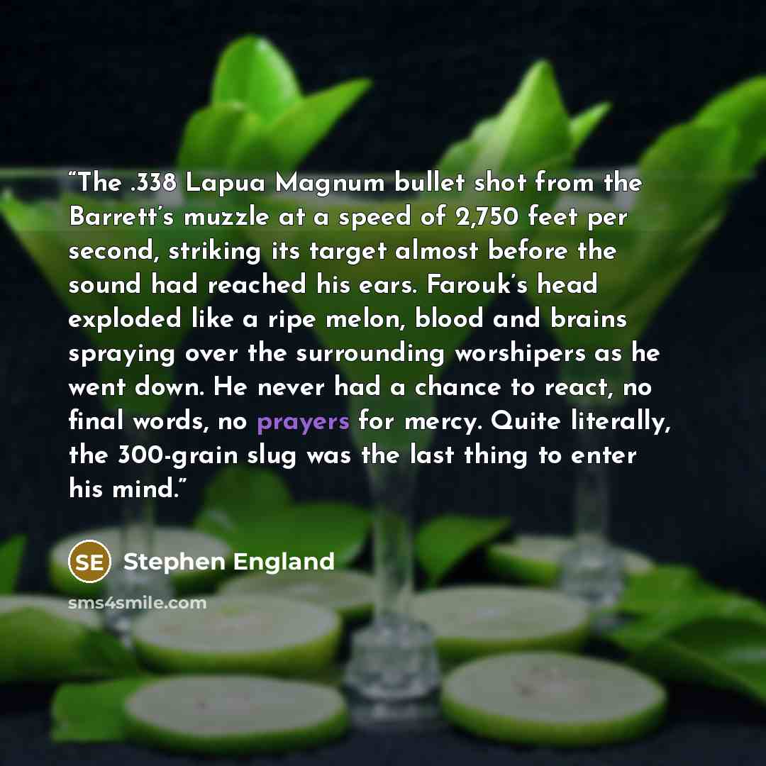 “The .338 Lapua Magnum bullet shot from the Barrett’s muzzle at a speed of 2,750 feet per second, striking its target almost before the sound had reached his ears. Farouk’s head exploded like a ripe melon, blood and brains spraying over the surrounding worshipers as he went down. He never had a…” quote by Stephen England