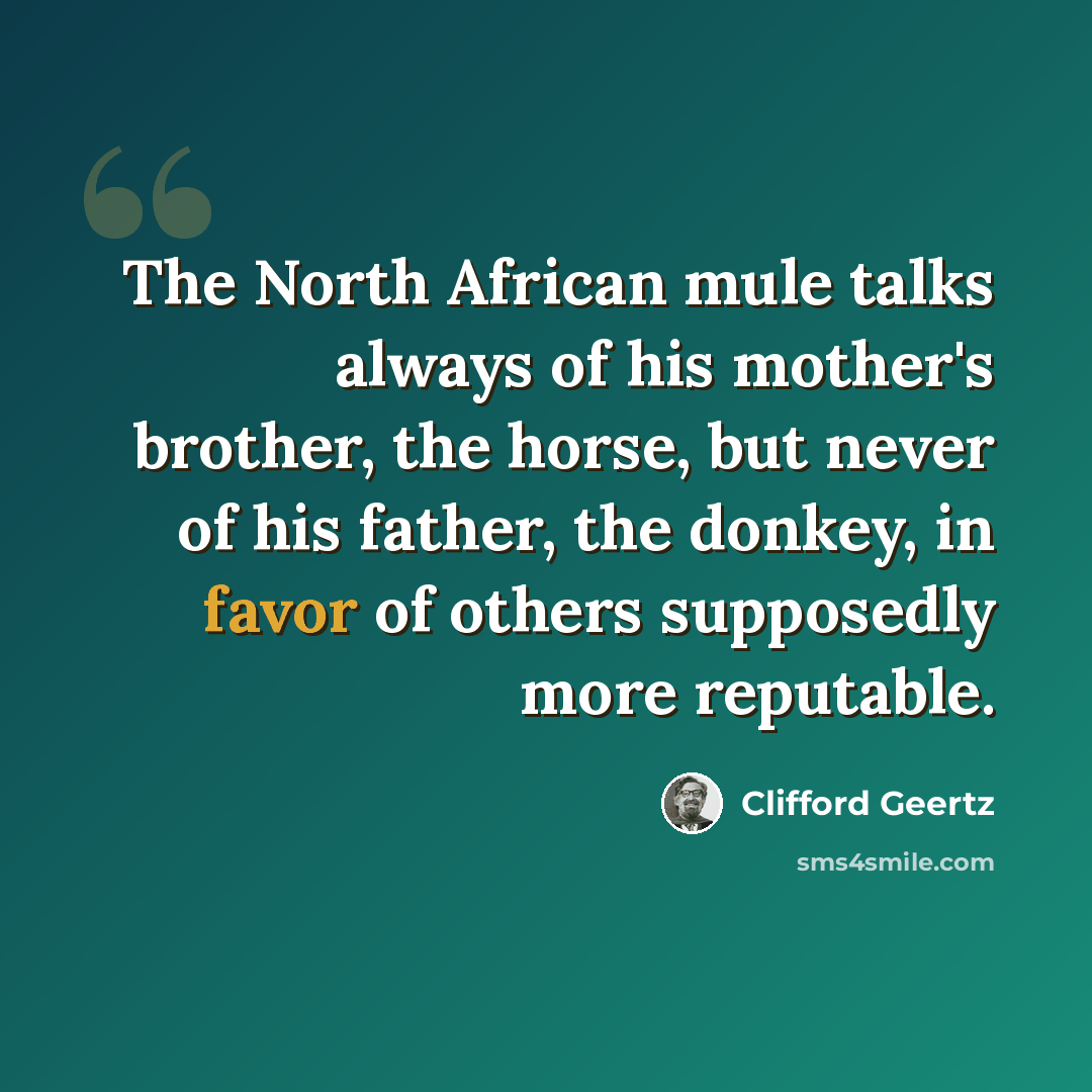 “The North African mule talks always of his mother's brother, the horse, but never of his father, the donkey, in favor of others supposedly more reputable.” quote by Clifford Geertz