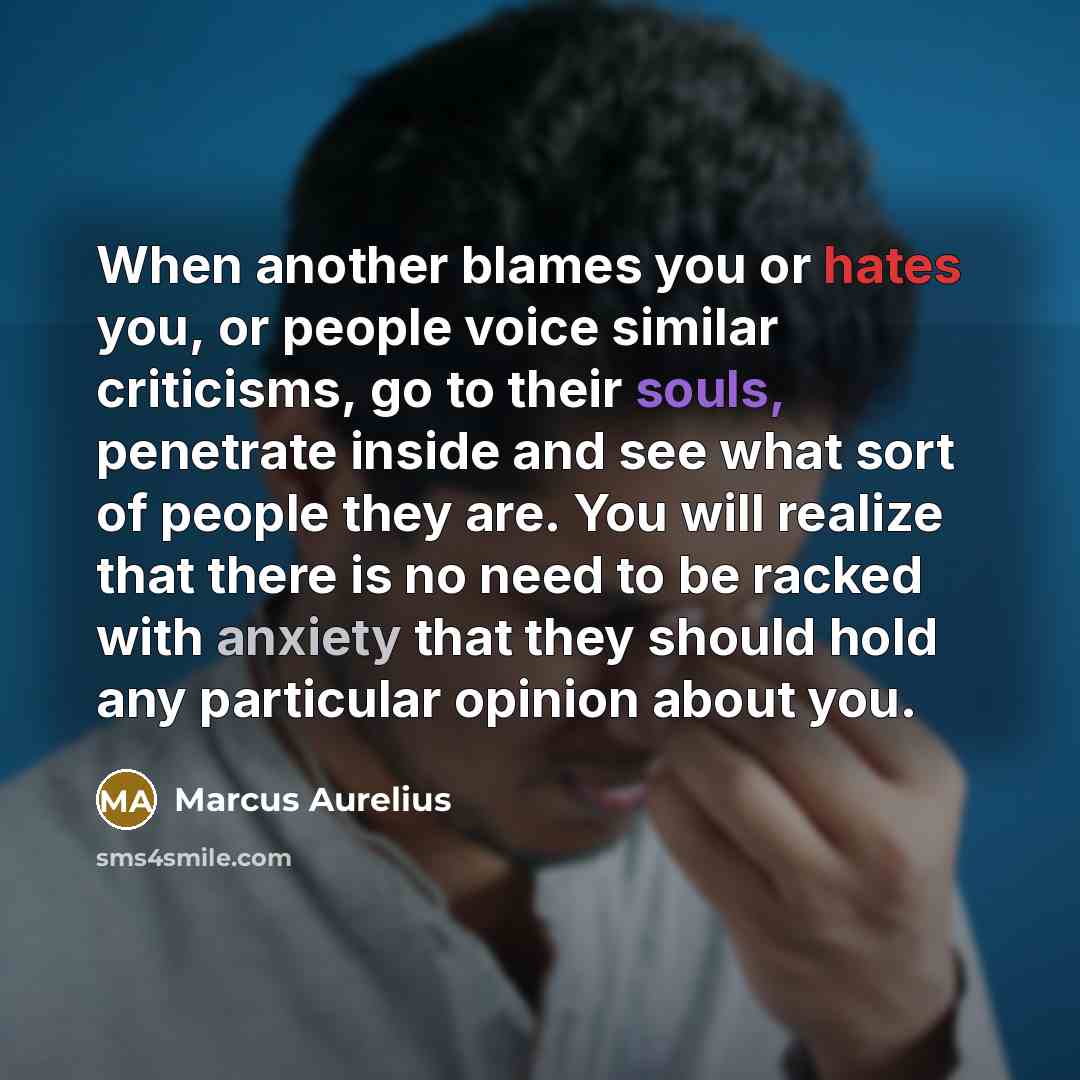 “When another blames you or hates you, or people voice similar criticisms, go to their souls, penetrate inside and see what sort of people they are. You will realize that there is no need to be racked with anxiety that they should hold any particular opinion about you.” quote by Marcus Aurelius