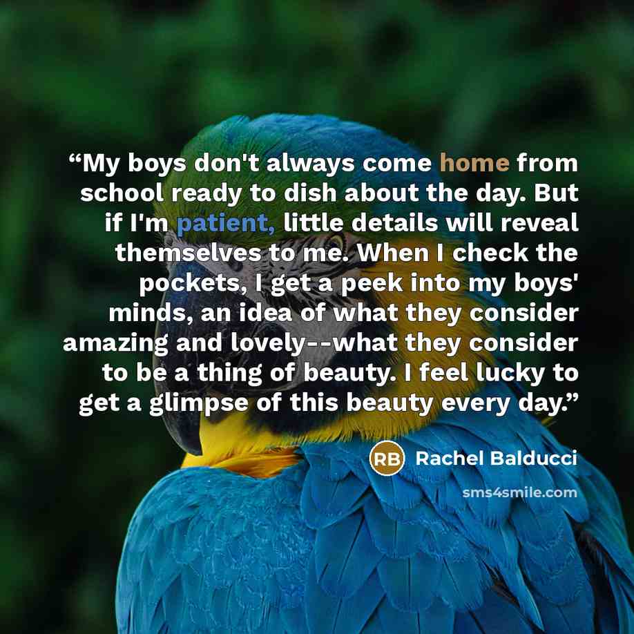“My boys don't always come home from school ready to dish about the day. But if I'm patient, little details will reveal themselves to me. When I check the pockets, I get a peek into my boys' minds, an idea of what they consider amazing and lovely--what they consider to be a thing of beauty. I feel…” quote by Rachel Balducci