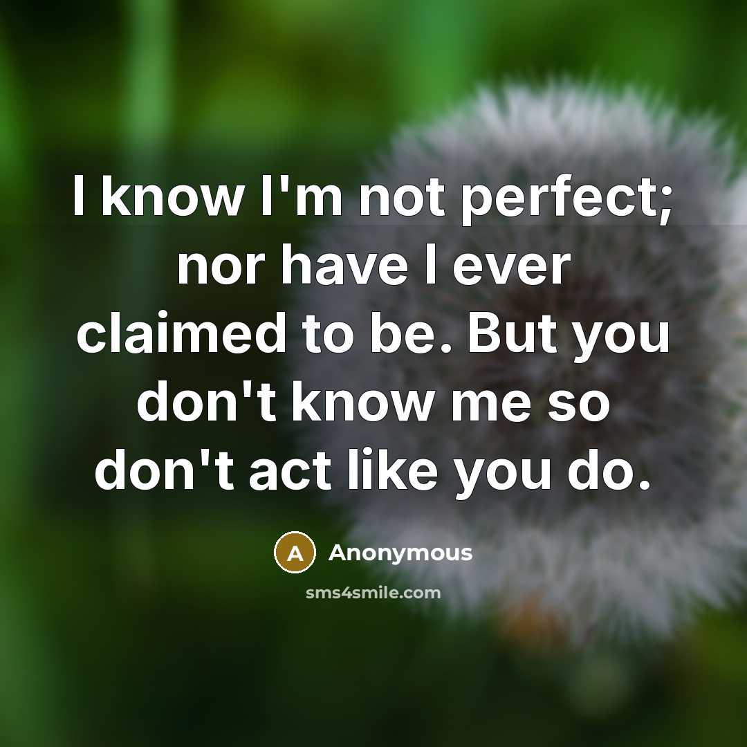 “I know I'm not perfect; nor have I ever claimed to be. But you don't know me so don't act like you do.” quote by Anonymous