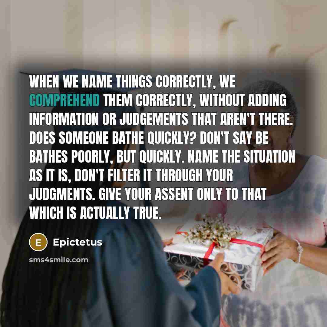 “When we name things correctly, we comprehend them correctly, without adding information or judgements that aren't there. Does someone bathe quickly? Don't say be bathes poorly, but quickly. Name the situation as it is, don't filter it through your judgments. Give your assent only to that which is…” quote by Epictetus