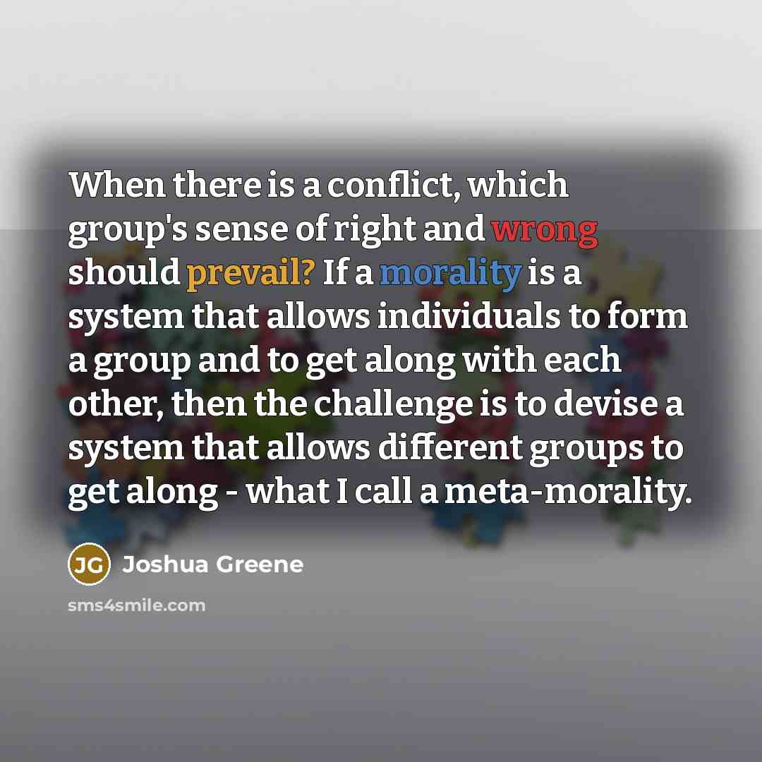 “When there is a conflict, which group's sense of right and wrong should prevail? If a morality is a system that allows individuals to form a group and to get along with each other, then the challenge is to devise a system that allows different groups to get along - what I call a meta-morality.” quote by Joshua Greene