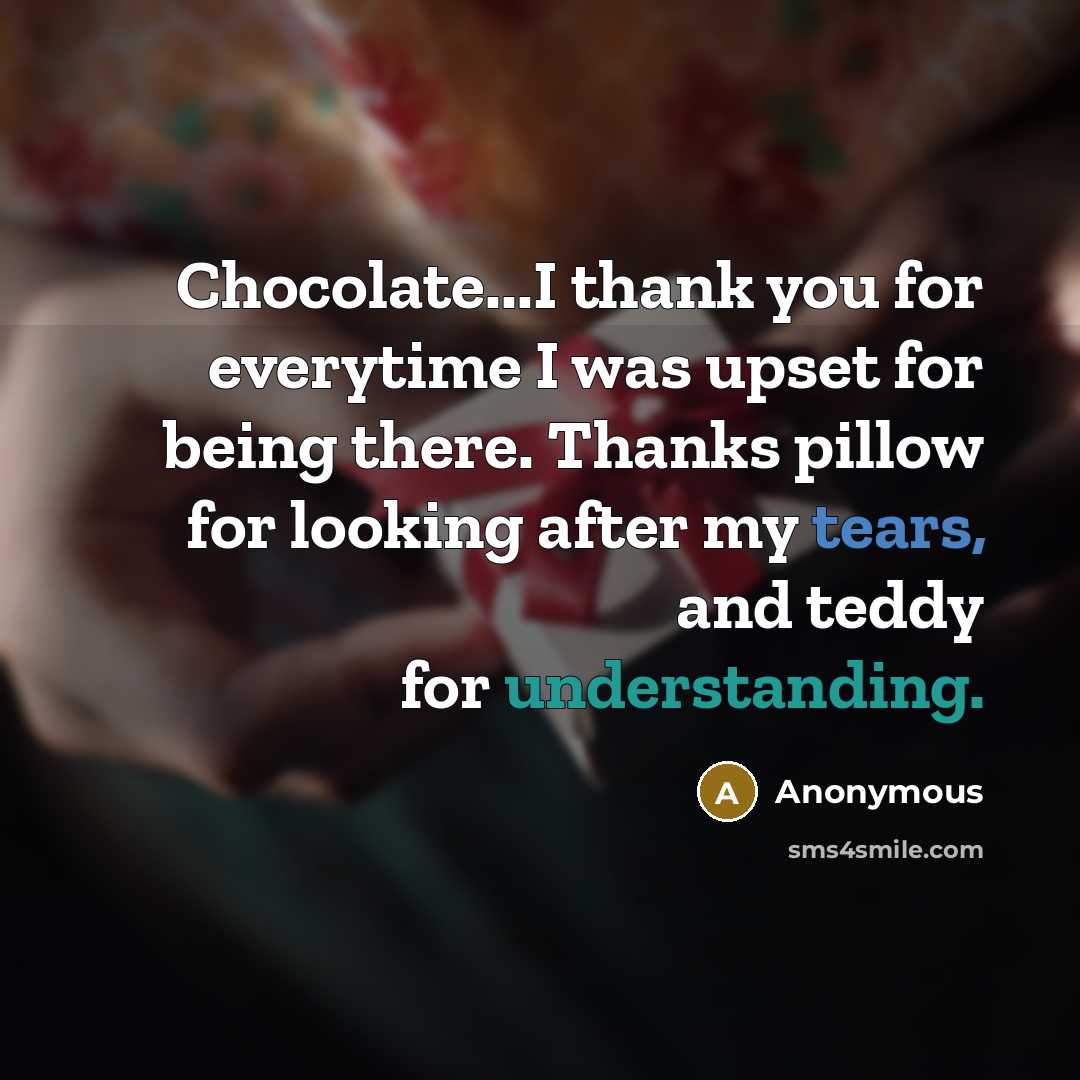 “Chocolate...I thank you for everytime I was upset for being there. Thanks pillow for looking after my tears, and teddy for understanding.” quote by Anonymous