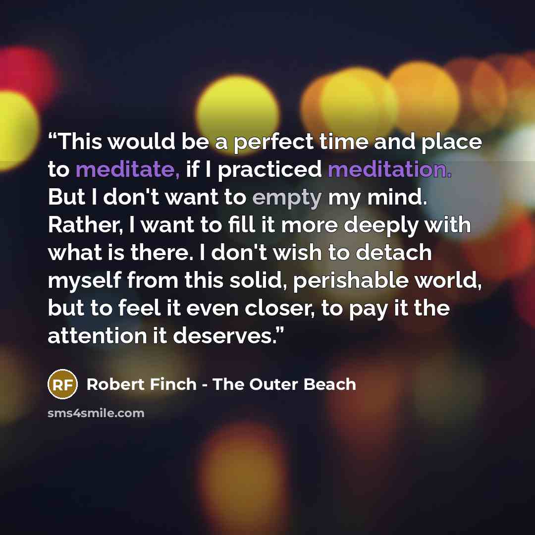 “This would be a perfect time and place to meditate, if I practiced meditation. But I don't want to empty my mind. Rather, I want to fill it more deeply with what is there. I don't wish to detach myself from this solid, perishable world, but to feel it even closer, to pay it the attention it…” quote by Robert Finch - The Outer Beach