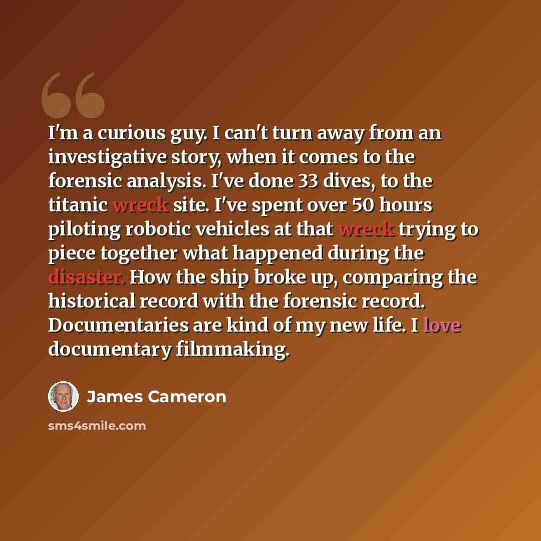 “I'm a curious guy. I can't turn away from an investigative story, when it comes to the forensic analysis. I've done 33 dives, to the titanic wreck site. I've spent over 50 hours piloting robotic vehicles at that wreck trying to piece together what happened during the disaster. How the ship broke…” quote by James Cameron