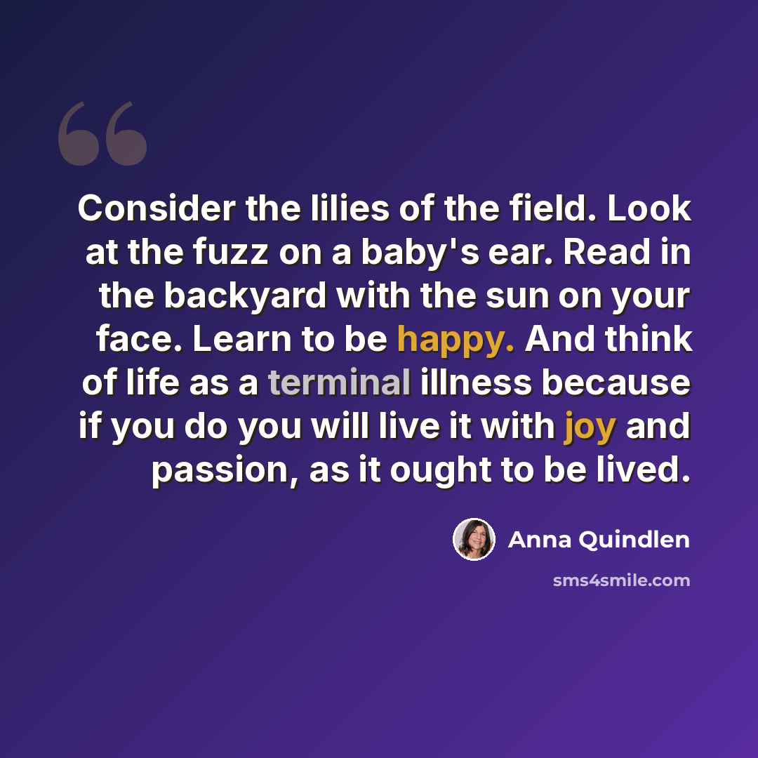 “Consider the lilies of the field. Look at the fuzz on a baby's ear. Read in the backyard with the sun on your face. Learn to be happy. And think of life as a terminal illness because if you do you will live it with joy and passion, as it ought to be lived.” quote by Anna Quindlen