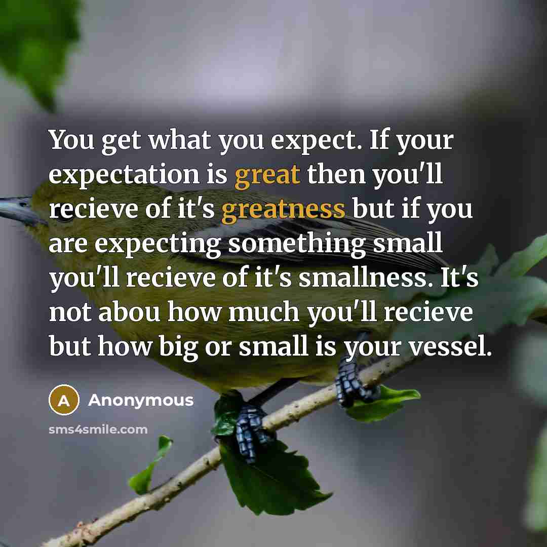 “You get what you expect. If your expectation is great then you'll recieve of it's greatness but if you are expecting something small you'll recieve of it's smallness. It's not abou how much you'll recieve but how big or small is your vessel.” quote by Anonymous