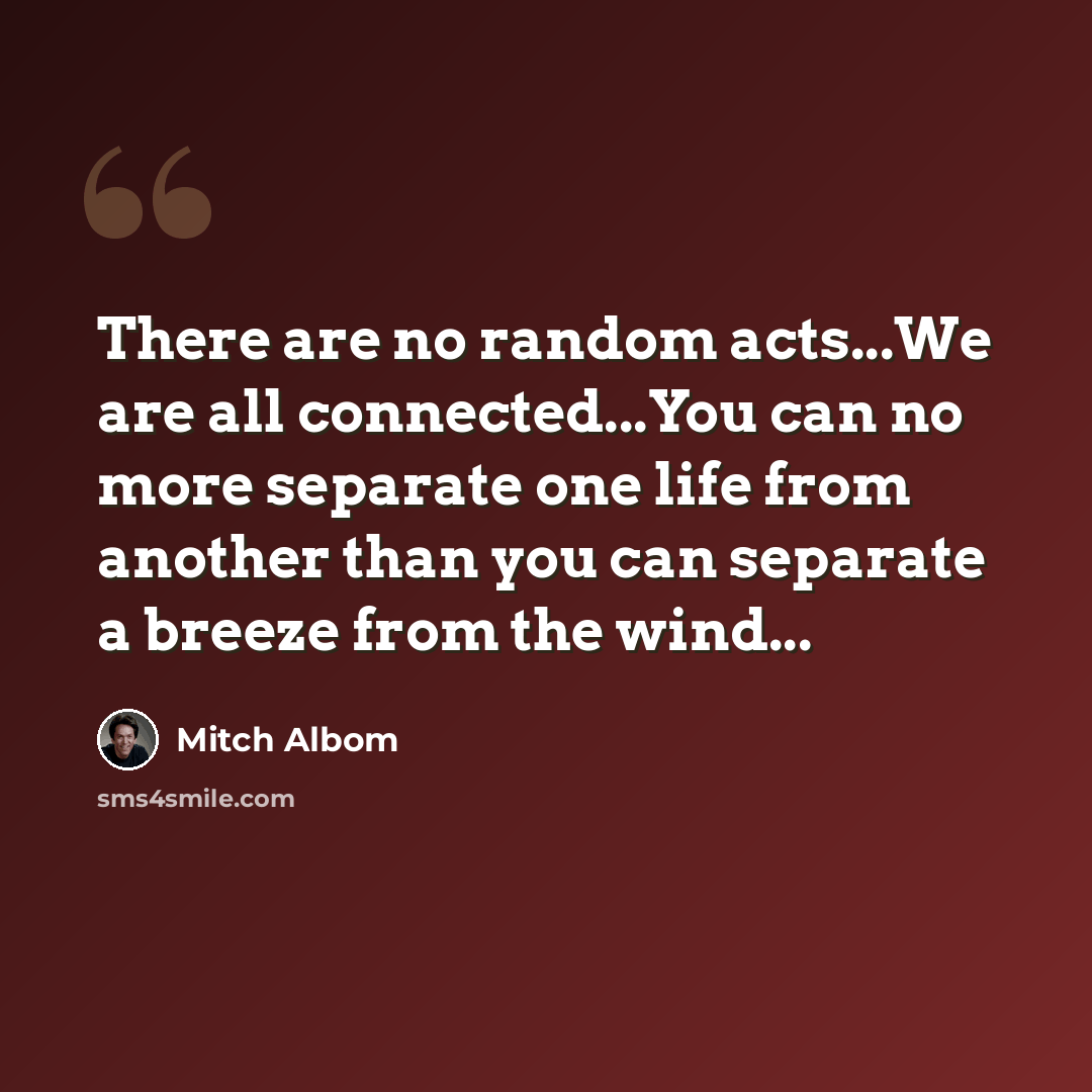 “There are no random acts...We are all connected...You can no more separate one life from another than you can separate a breeze from the wind...” quote by Mitch Albom