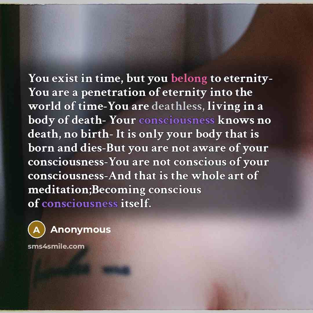 “You exist in time, but you belong to eternity- You are a penetration of eternity into the world of time-You are deathless, living in a body of death- Your consciousness knows no death, no birth- It is only your body that is born and dies-But you are not aware of your consciousness-You are not…” quote by Anonymous