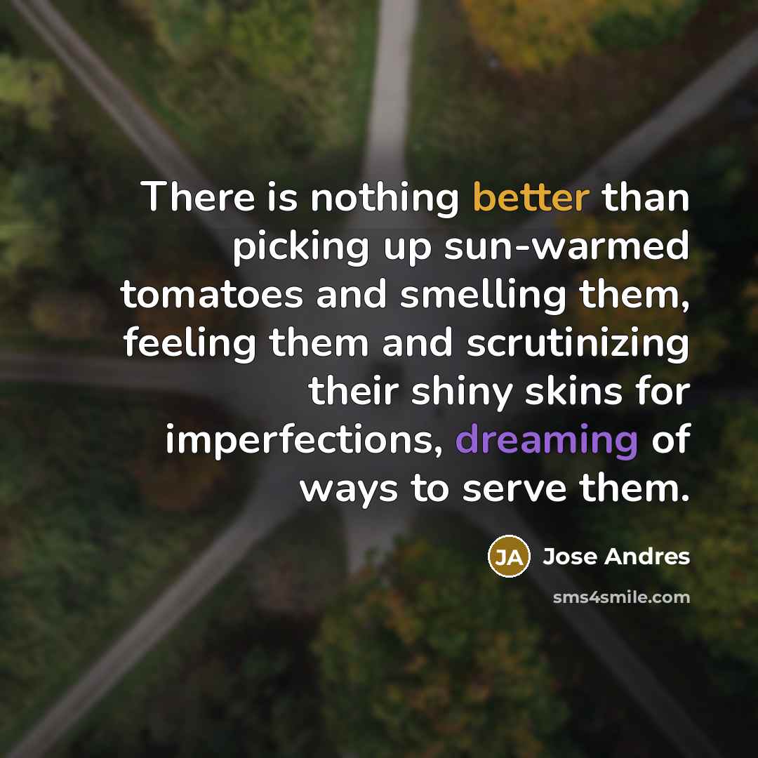 “There is nothing better than picking up sun-warmed tomatoes and smelling them, feeling them and scrutinizing their shiny skins for imperfections, dreaming of ways to serve them.” quote by Jose Andres