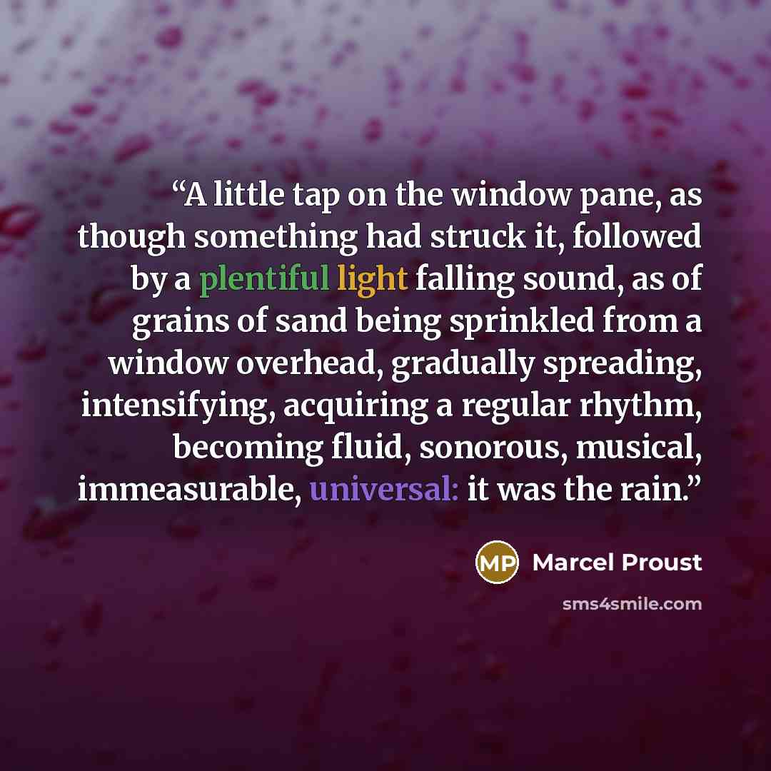 “A little tap on the window pane, as though something had struck it, followed by a plentiful light falling sound, as of grains of sand being sprinkled from a window overhead, gradually spreading, intensifying, acquiring a regular rhythm, becoming fluid, sonorous, musical, immeasurable, universal…” quote by Marcel Proust