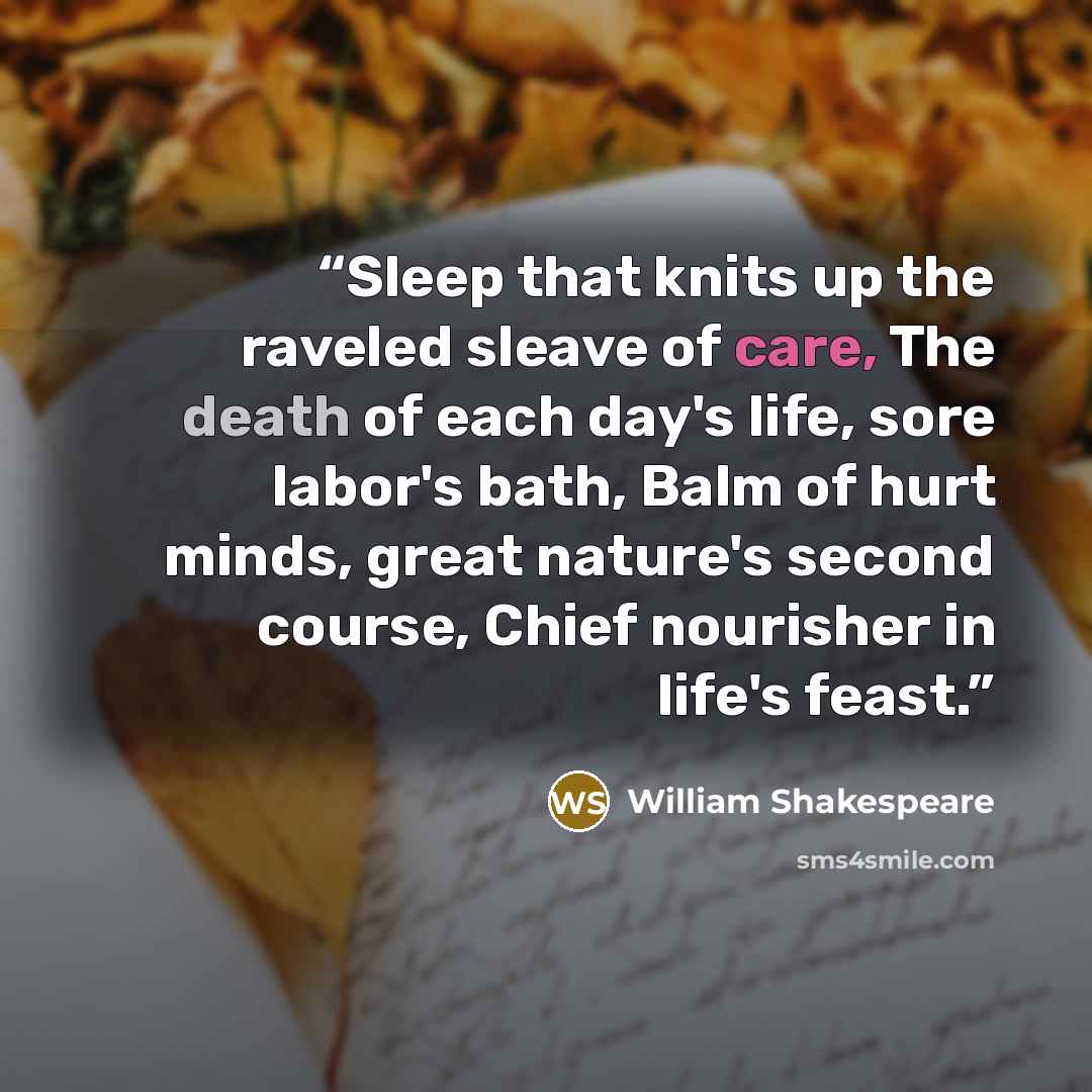 “Sleep that knits up the raveled sleave of care, The death of each day's life, sore labor's bath, Balm of hurt minds, great nature's second course, Chief nourisher in life's feast.” quote by William Shakespeare