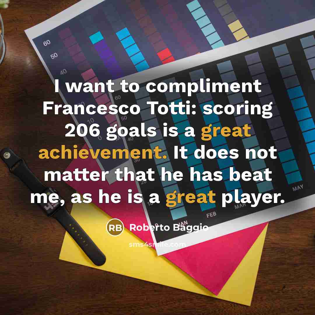 “I want to compliment Francesco Totti: scoring 206 goals is a great achievement. It does not matter that he has beat me, as he is a great player.” quote by Roberto Baggio